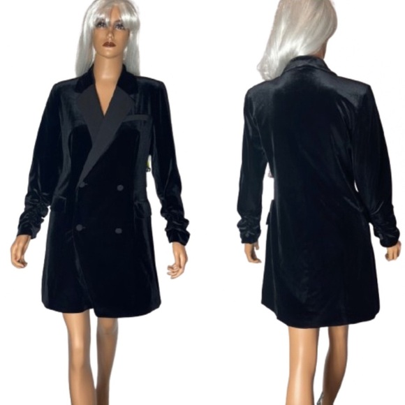 1.STATE Blazer Mini Dress Velvet Ruched Double Breasted Rich Black 10 Medium - Picture 1 of 16